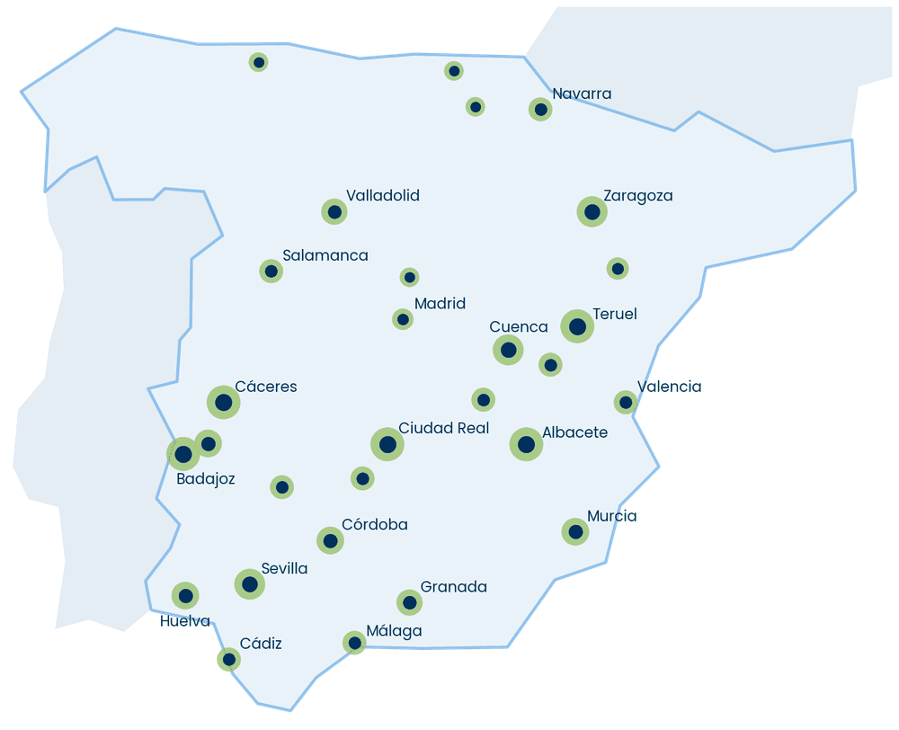 Mapa de España con las provincias donde se concentra la construcción de parques renovables